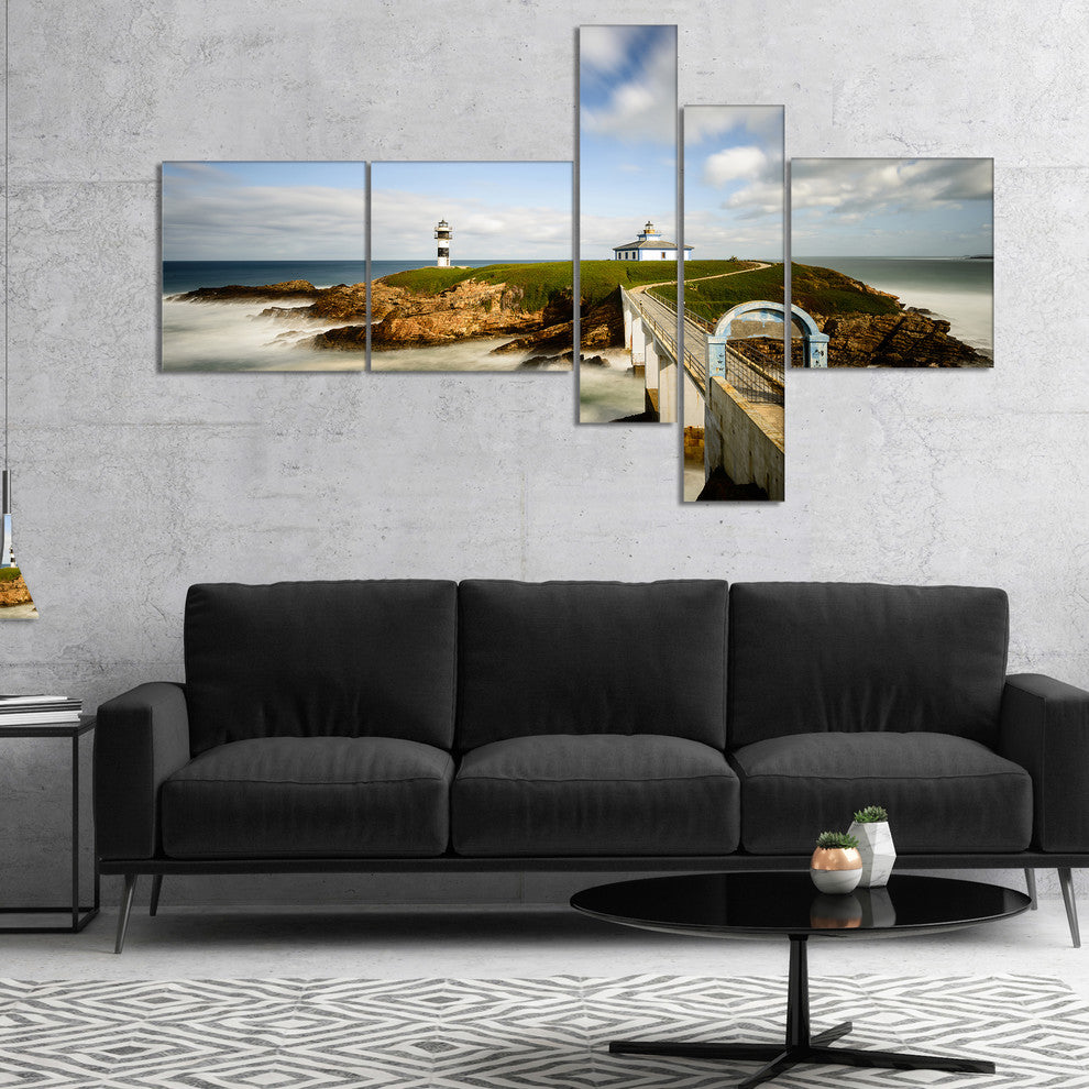 Cloudy Illa Pancha Lighthouse, Seashore Photo Canvas Print, 60"x32", 5 panels