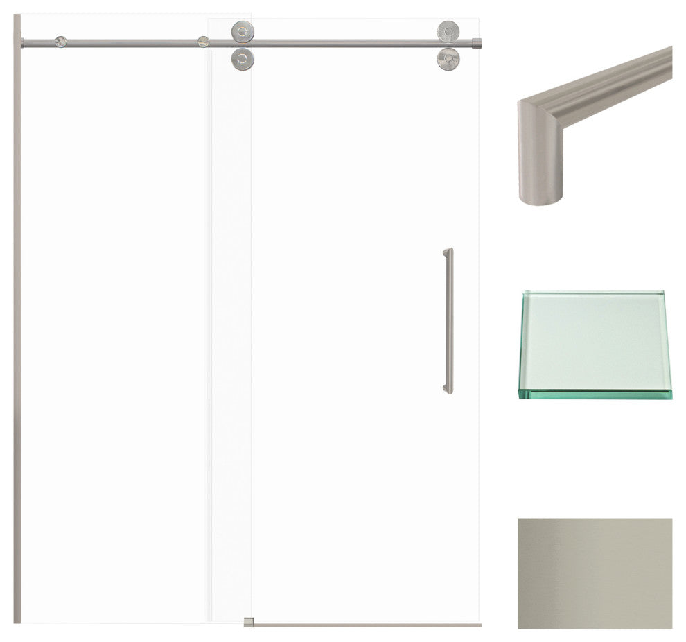 Teegan Sliding Shower Door, Fixed, Clear Glass, Brushed Stainless, Turin Handle