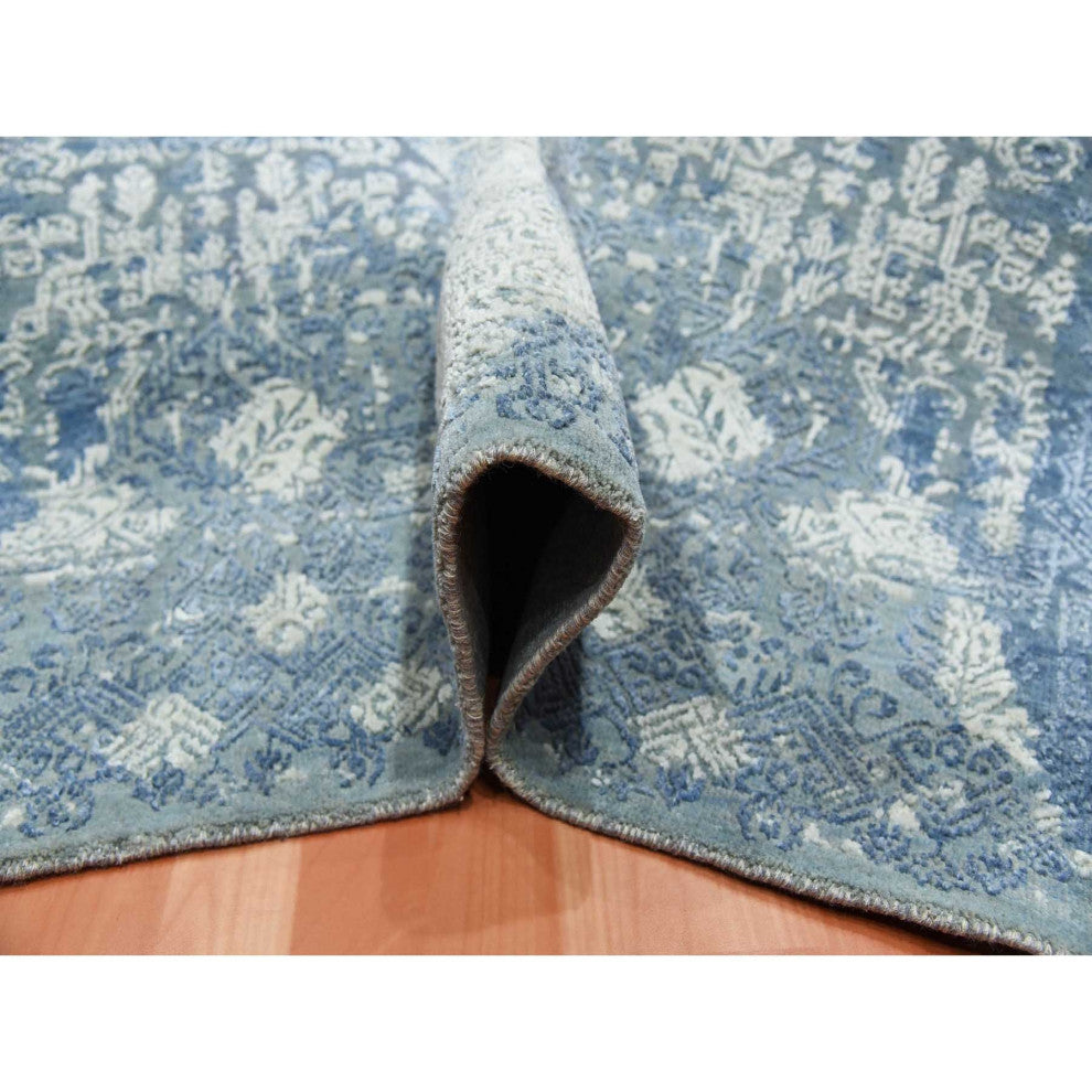 Blue Wool and Pure Silk Hand Knotted Jewellery Design Oriental Rug, 7'10"x10'0"