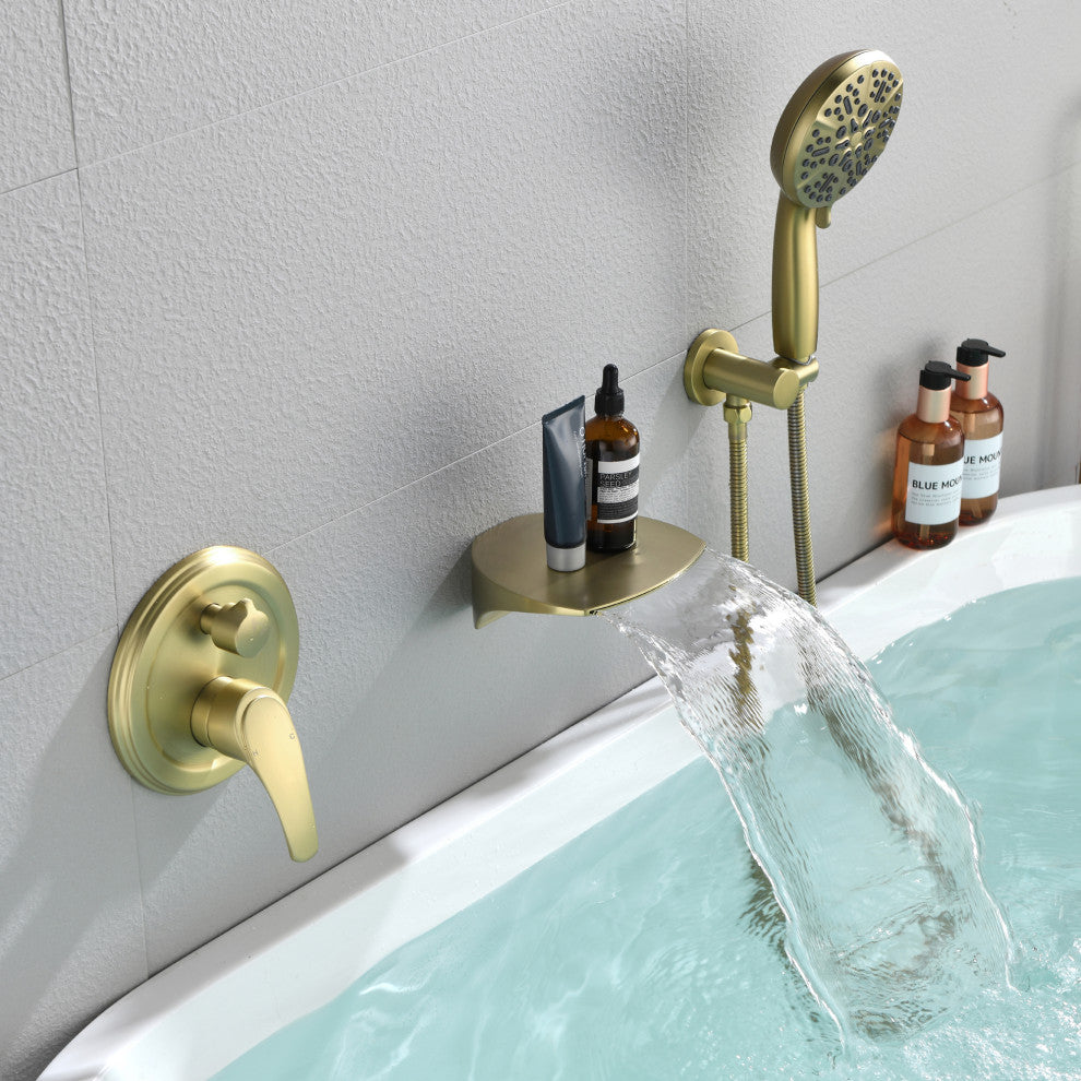 Single Handle Wall Mounted Waterfall Faucet With Handshower, Brushed Gold