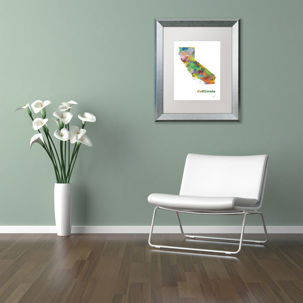 Marlene Watson 'California State Map-1' Art, Silver Frame, 16"x20", White Matte
