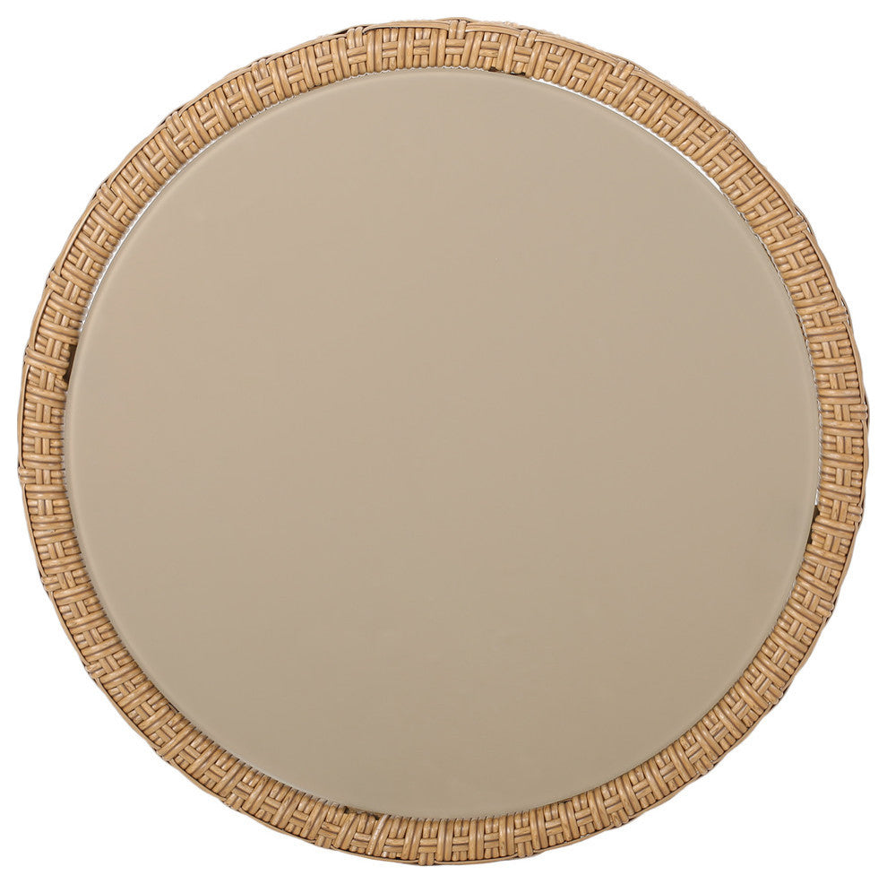 Anne Indoor Modern Boho Wicker Side Table With Tempered Glass Top, Light Brown