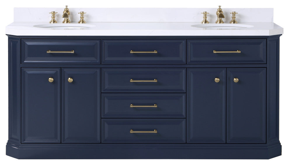 Palace 72" Double Sink White Quartz Countertop Vanity, Blue, F2-0013 Faucets