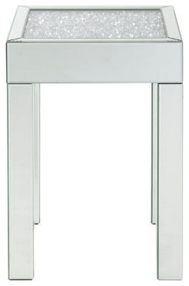 Benzara BM250372 End Table With Faux Acrylic Diamond Top and Block Legs, Silver