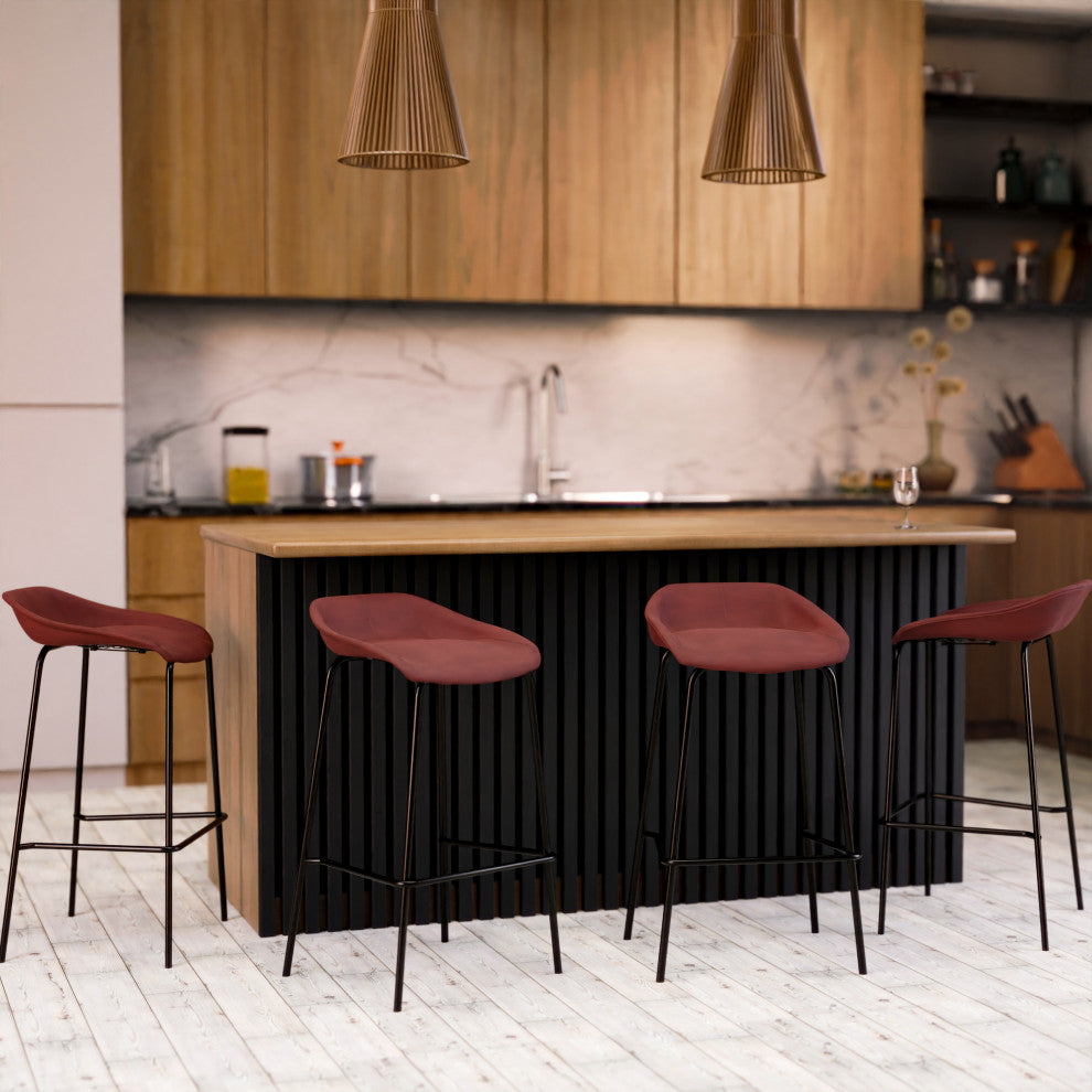 LeisureMod Servos Barstool With Faux Leather Seat and Iron Frame, Bordeaux