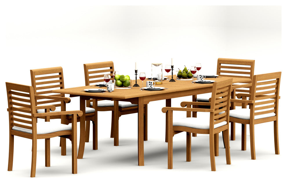 7-Piece Outdoor Teak Dining Set: 94" Rectangle Table, 6 Hari Stacking Arm Chairs