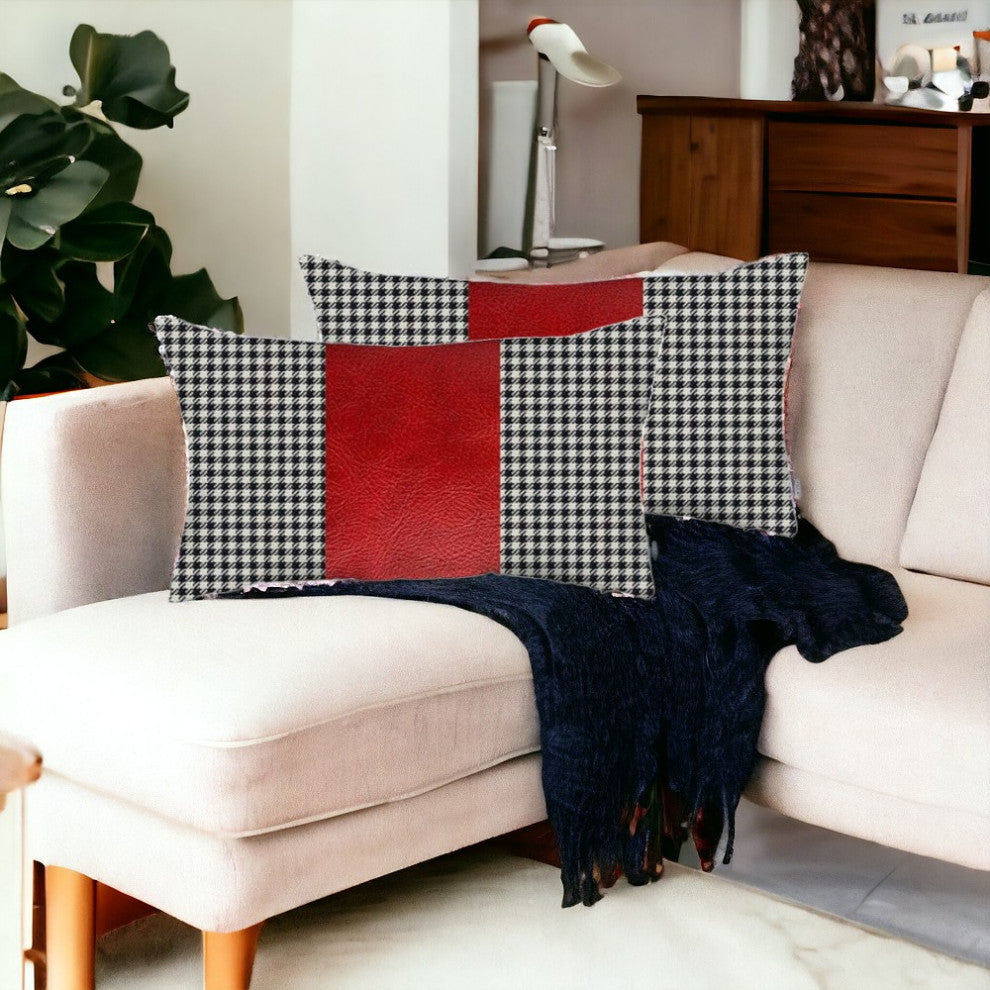 Set of 2 Red Houndstooth Lumbar Pillow Covers