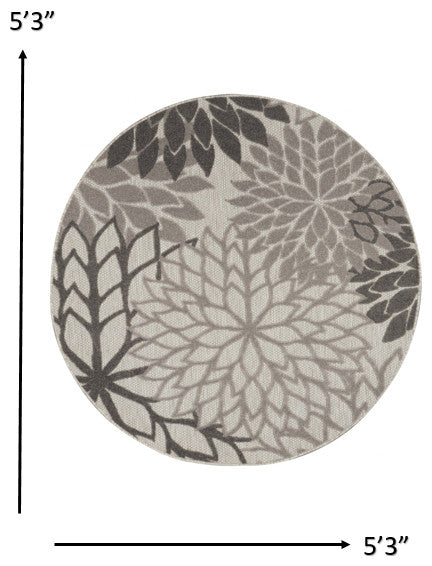 5' Round Gray Round Floral Indoor Outdoor Area Rug