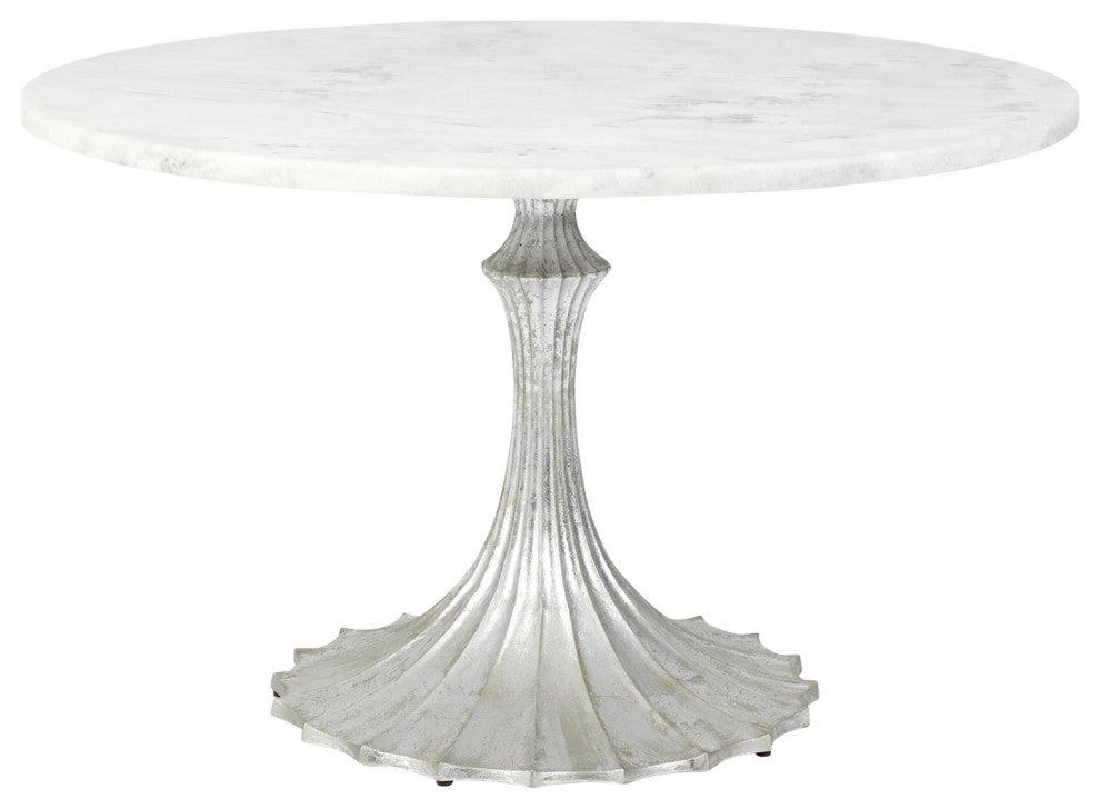 Flute Table 48" White Marble Top With 26" Silver Leaf Base