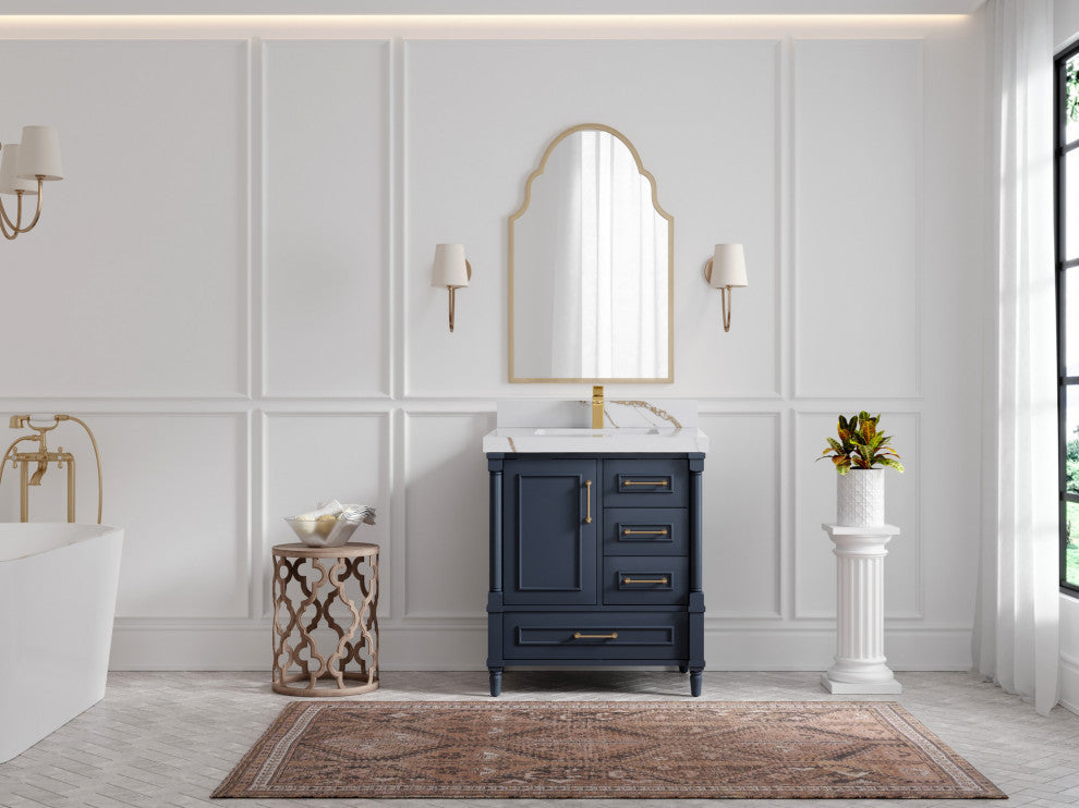 Aberdeen 30 Single Sink Bath Vanity in Hale Navy Blue  2" Calacatta Gold
