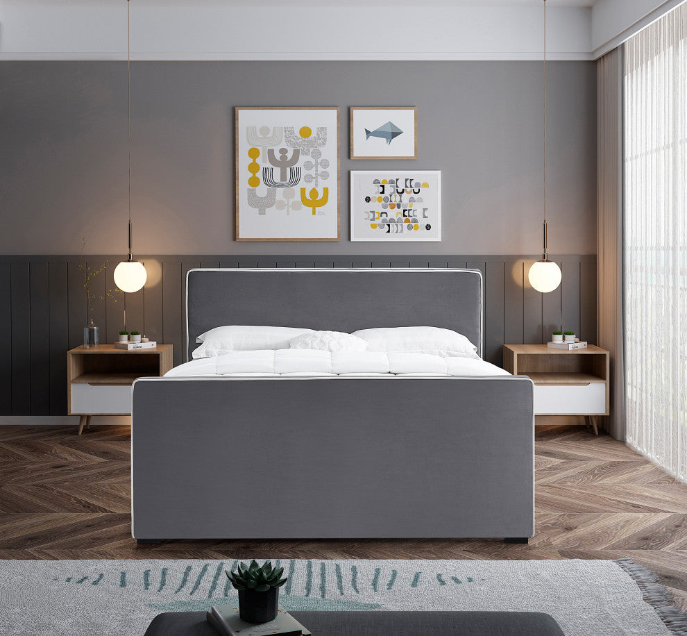 Dillard Velvet Upholstered Bed, Gray, Queen
