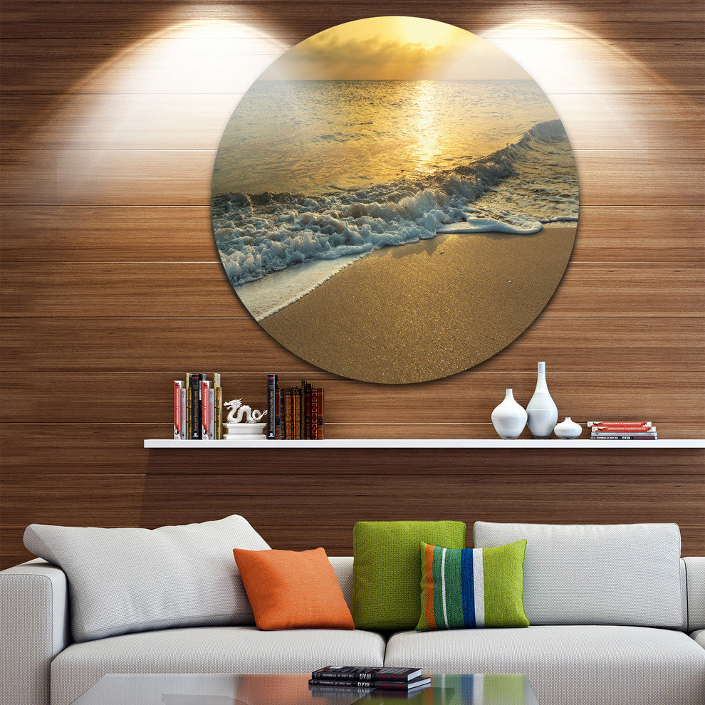 White Waves Under Yellow Sunset, Beach Disc Metal Wall Art, 36"