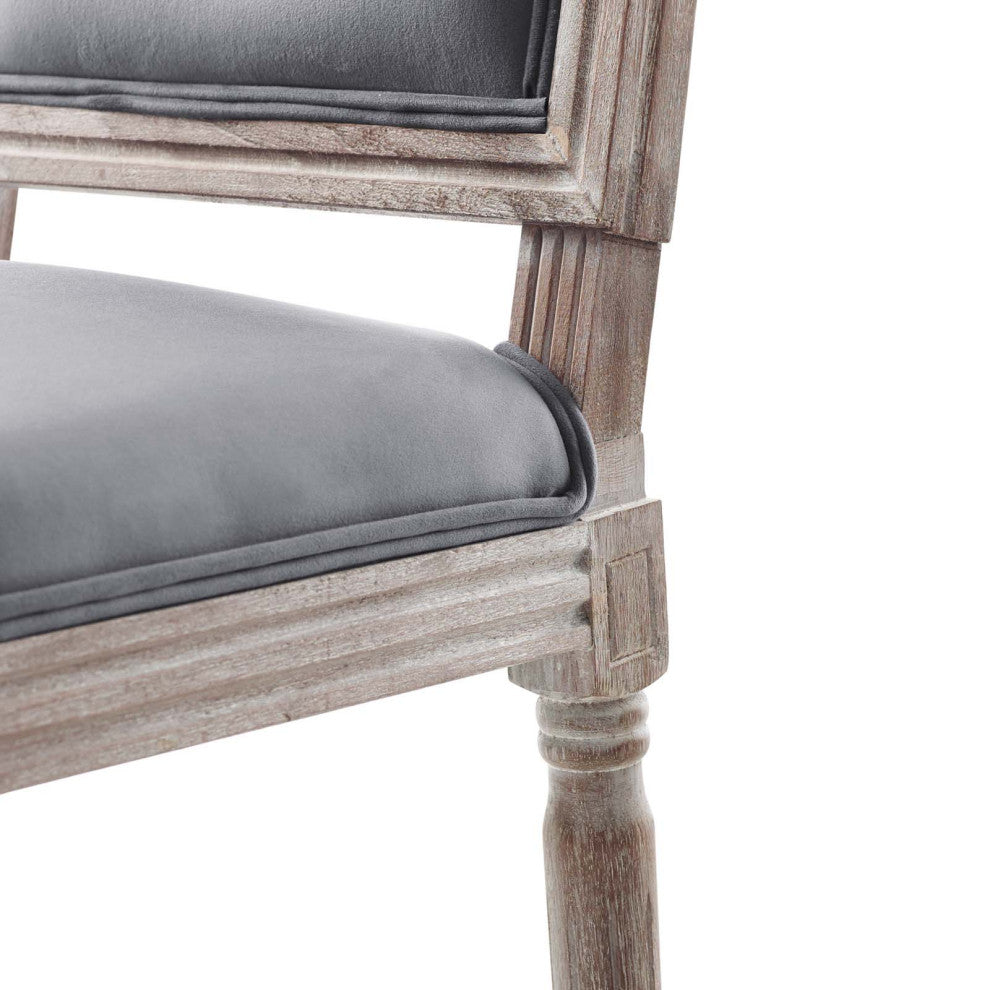 French Vintage Side Dining Chair, Velvet, Wood, Brown Natural Gray, Modern