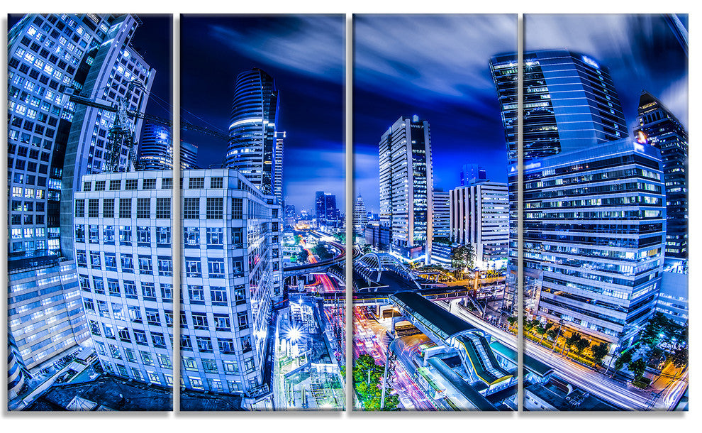 "Bangkok City Night View" Cityscape Canvas Photo Print, 4 Panels, 48"x28"