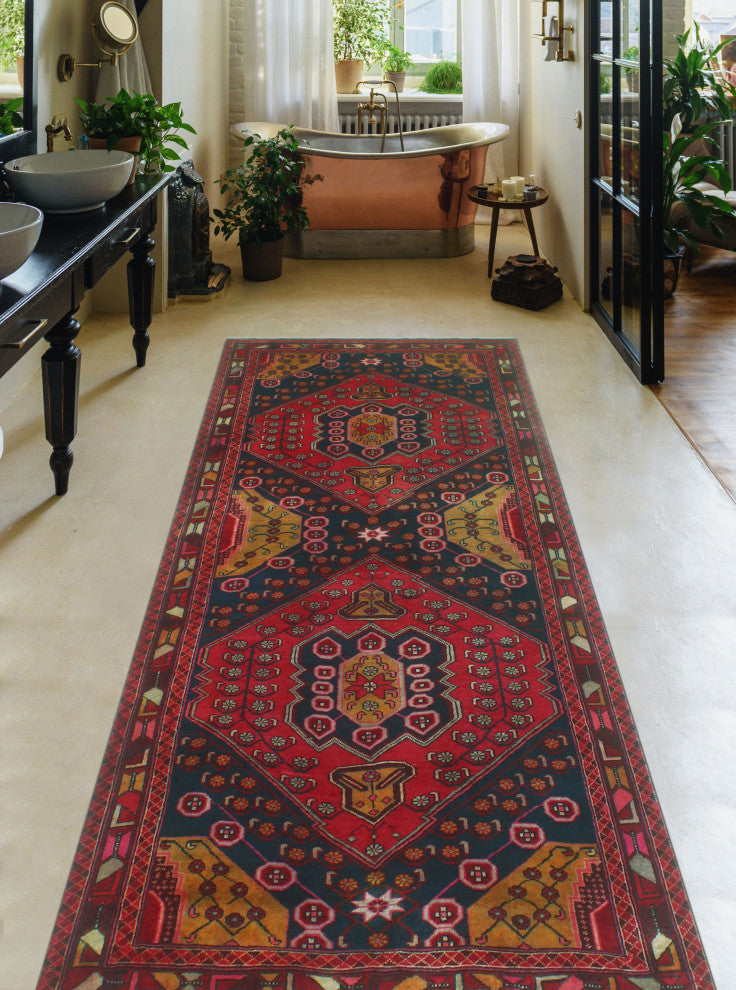 Fine Vintage Distressed Melek Red/Navy Runner, 4'3x9'11