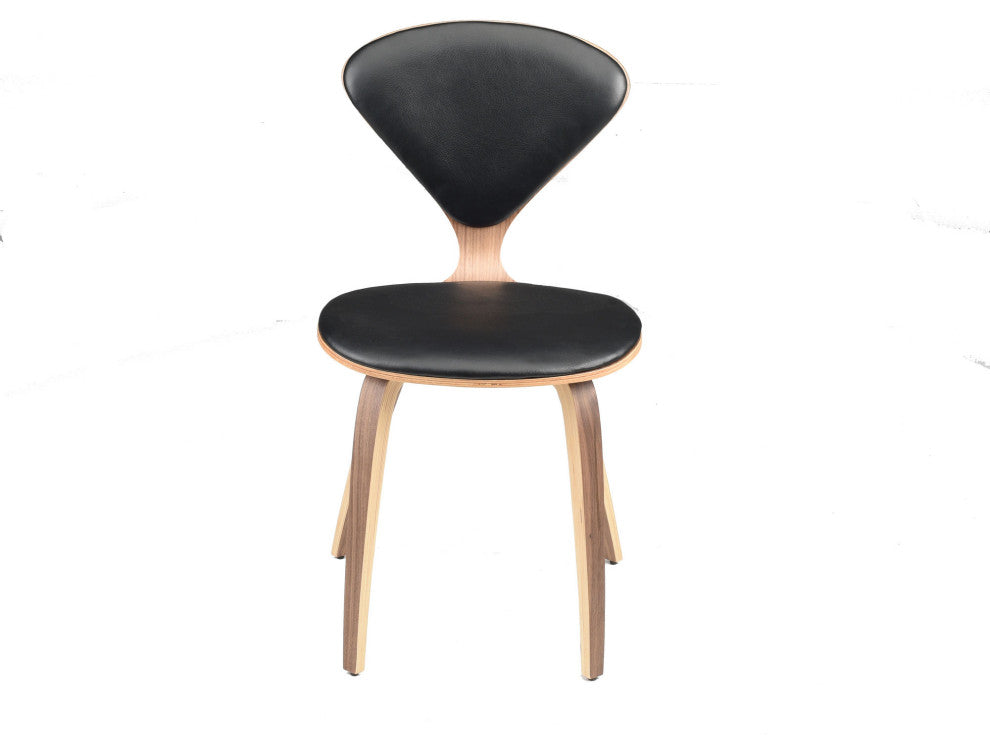 Satine Dining Chair, Molded Plywood Side Chair, Walnut Frame, Black Leather