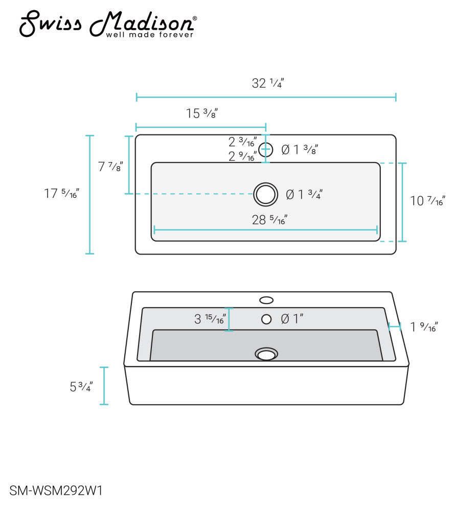 Voltaire Wide Rectangle Wall-Mount Sink, Shiny White