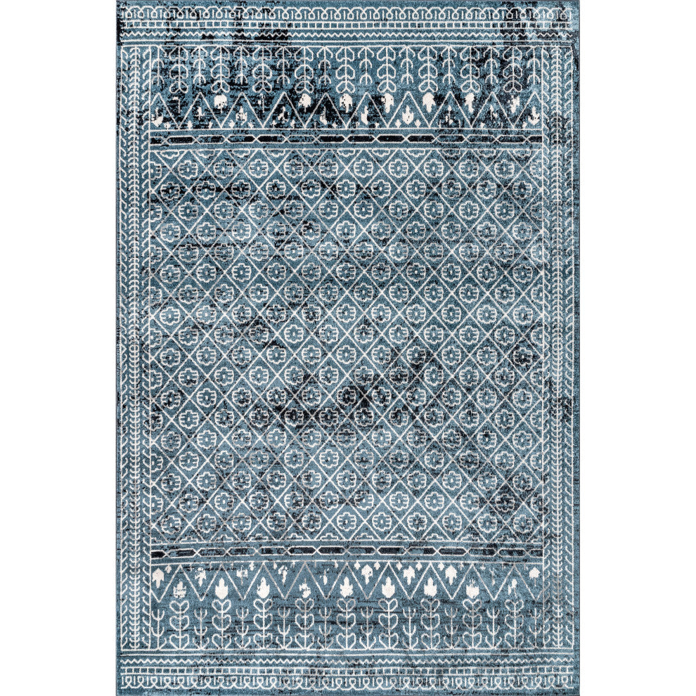 Nuloom Prestyn Machine Washable Faded Tribal Trellis Area Rug, Aqua 6'7"x9'