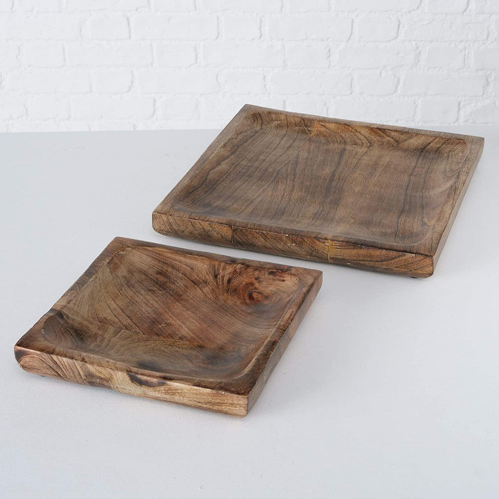 2 Piece Square Wood Plate Set, 13.75 Inches