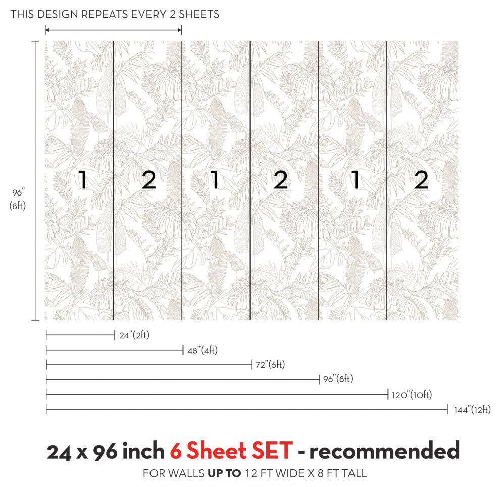 Hand Drawn Jungle Leaves Vinyl Peel and Stick Mural, Gray, 24"x96", 6 Pack