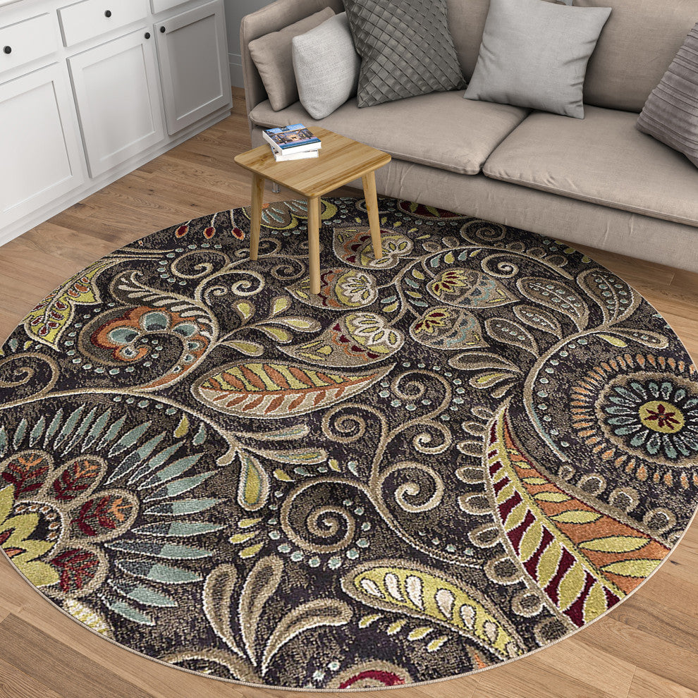 Giselle Transitional Floral Area Rug, Brown, 7'10'' Round