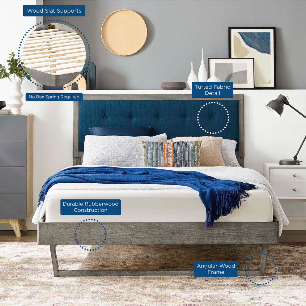 Platform Bed Frame, Queen Size, Fabric, Wood, Gray Navy Blue, Modern
