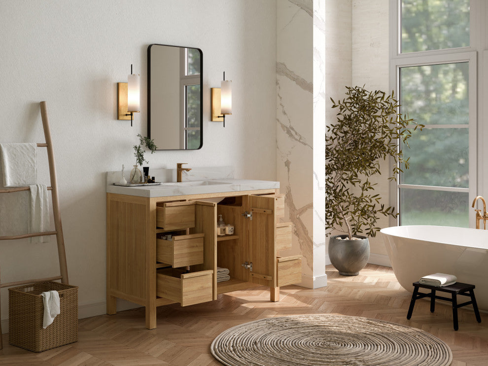 Elizabeth 48 Single Sink Bath Vanity in Light Natural Teak 2" Carrara Quartz