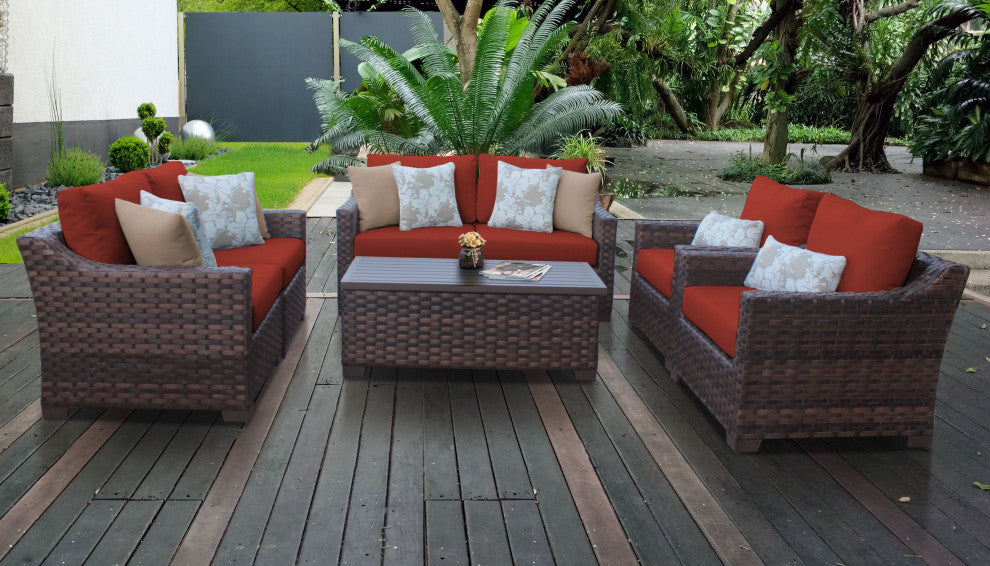 kathy ireland River Brook 7 Piece Wicker Patio Furniture Set, Cinnamon