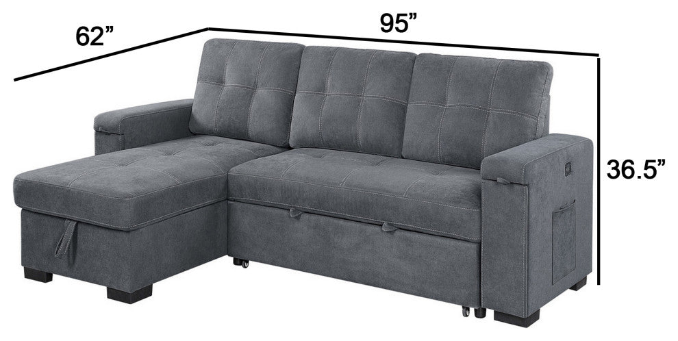 Benzara BM293171 Sleeper Sectional Sofa With Storage Chaise, USB Ports, Gray
