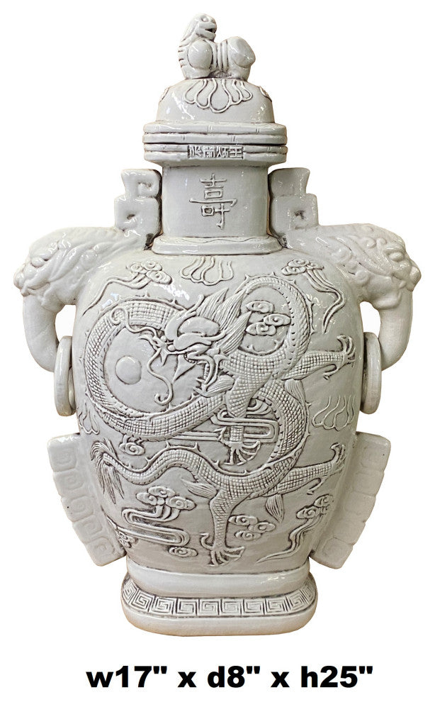 Chinese Ceramic Off White Color Dragon Elephant Ear Large Jar Hws1371