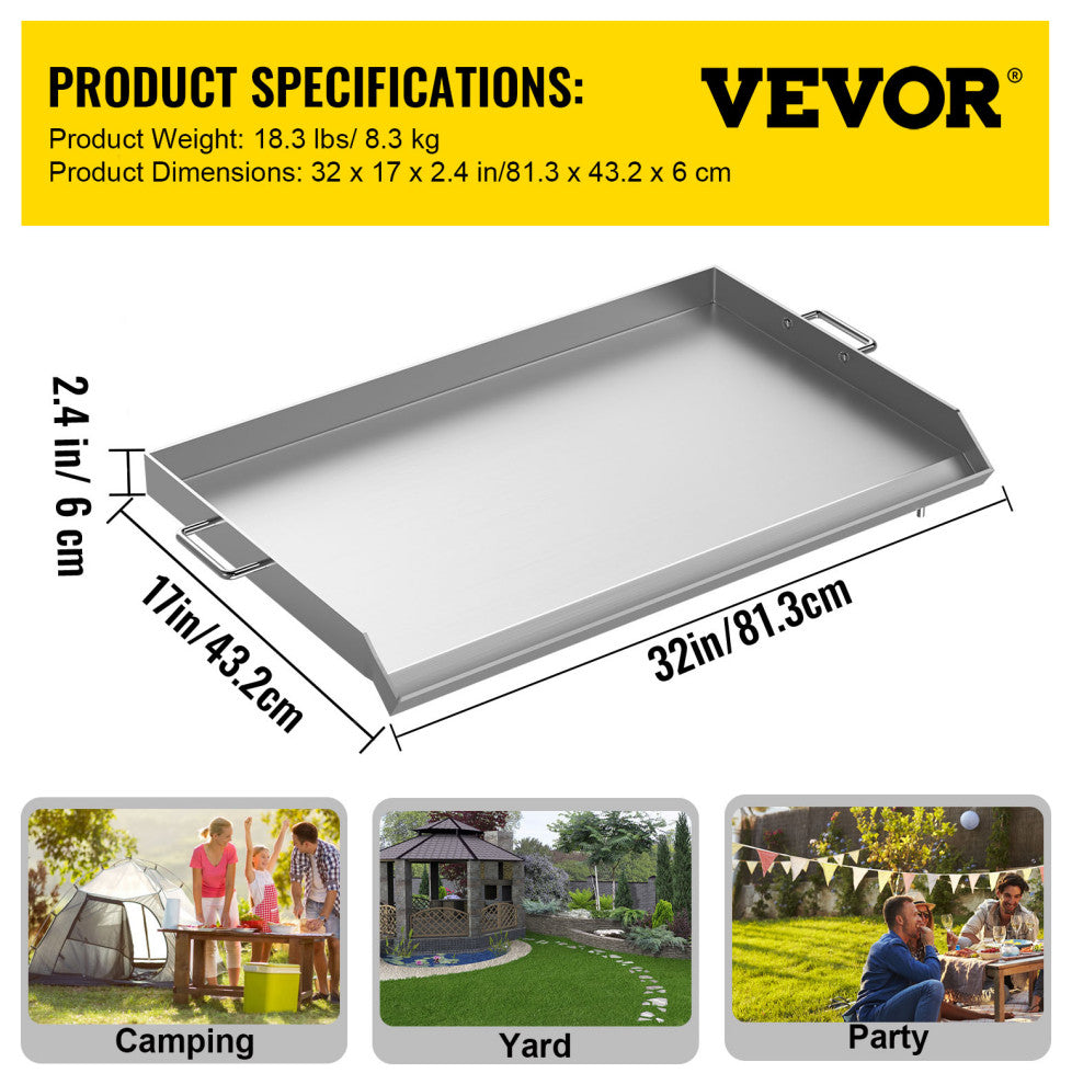 VEVOR 32" x 17" Stainless Steel Griddle Flat Top Grill Triple Griddle Cookware