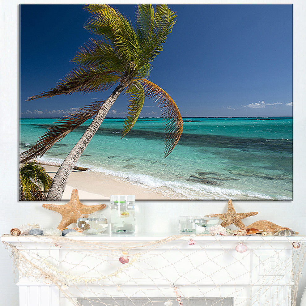 "Palm Bent To Picturesque Seashore" Modern Seascape Wall Art, 40"x20"