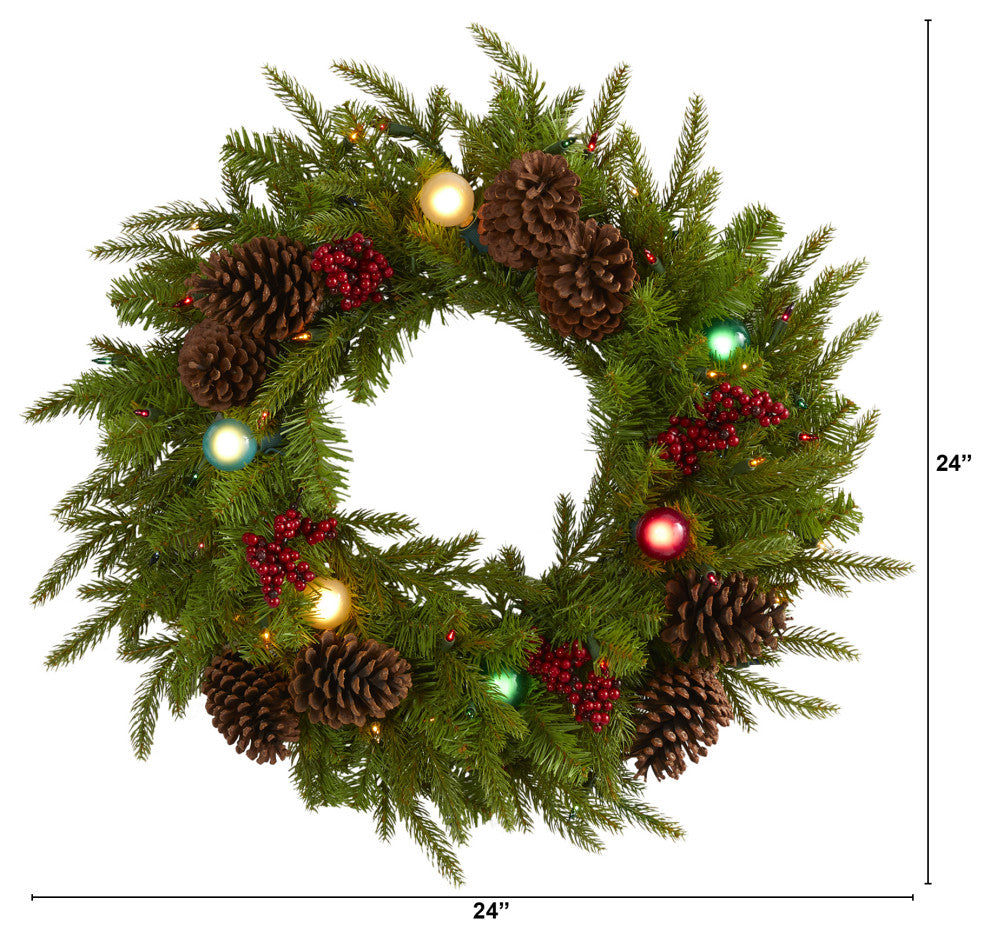 24" Xmas Faux Wreath W/ 50 Multicolor Lights, 7 Globe Bulbs, Berries & Pinecones