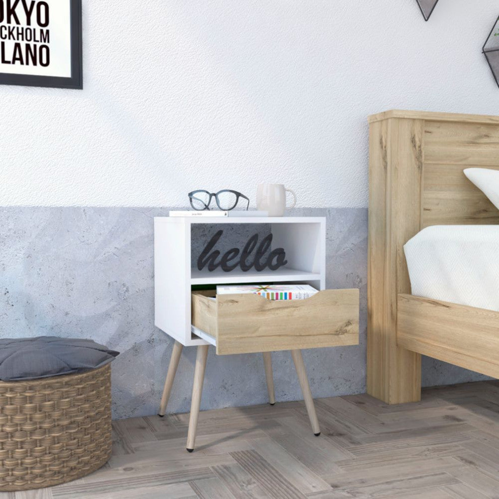 Allie Nightstand with Superior Top, Open Shelf, and Drawer, White/ Light Oak