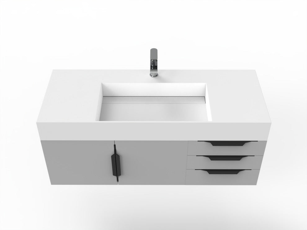 CastelloUSA Amazon 48" Wall Mounted Vanity Set, Gray, White Top, Black Handles