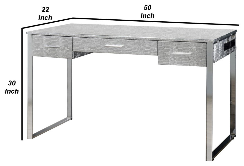 Benzara BM274659 Textured Vanity Desk With Round Mirror, Metal Sled Base, Chrome