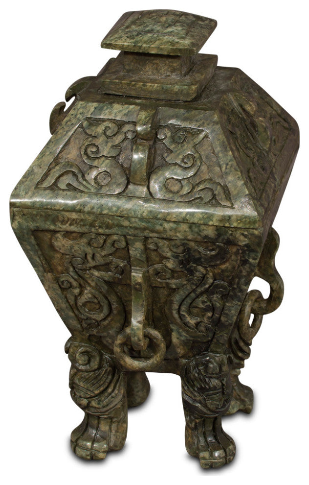 Hand Carved Geometric Jade Vessel with Removable Lid