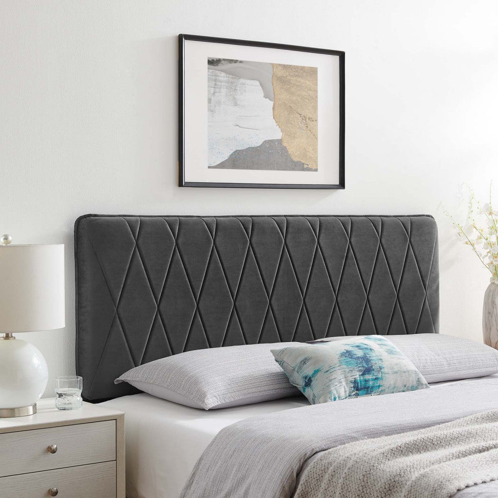 Headboard, King Size, Velvet, Dark Gray, Modern Contemporary, Bedroom