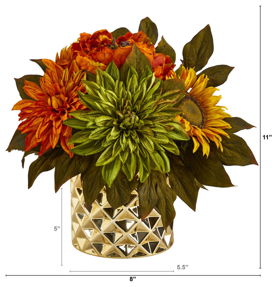 11" Peony, Dahlia and Sunflower Artificial Arrangement, Gold Vase