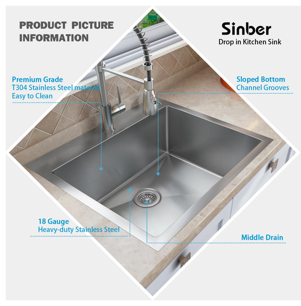 Sinber Single Bowl Kitchen Sink with 304 Stainless Steel Satin Finish, 25"x22"x9", Drop in