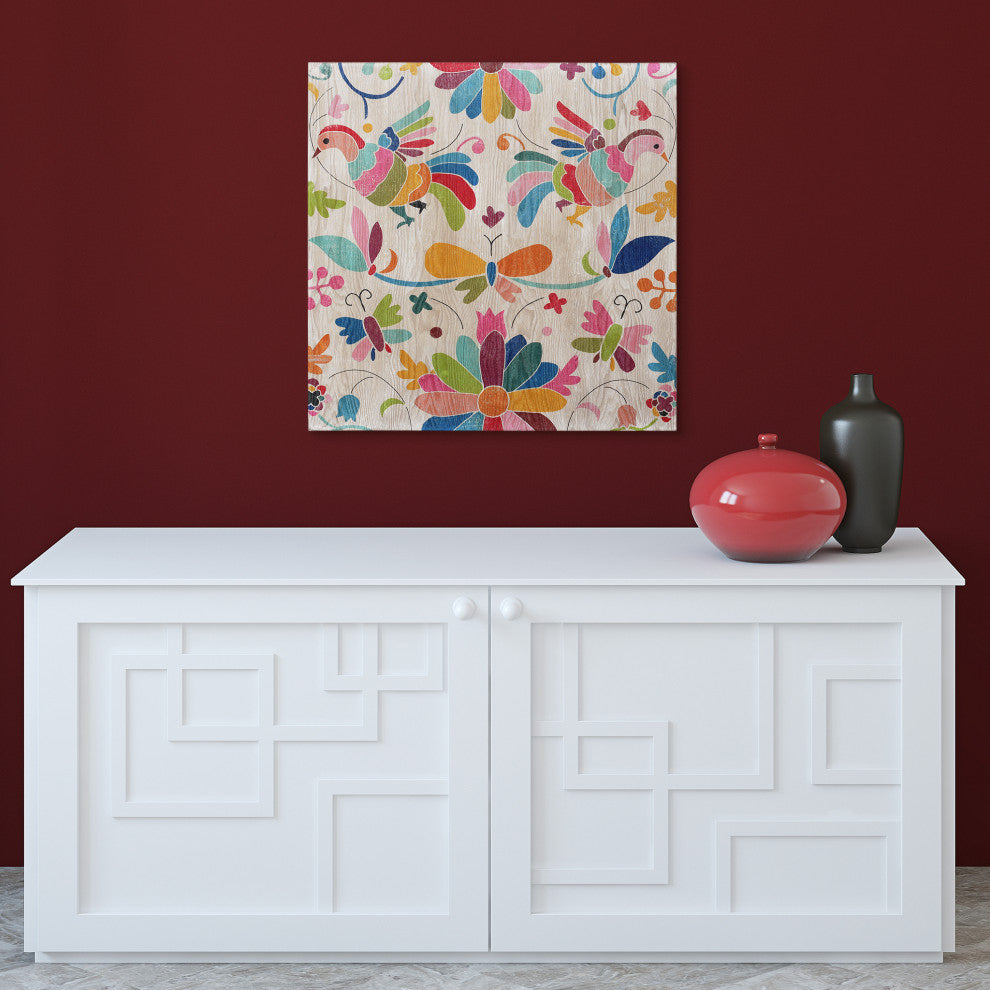 Folklorica Abstract Flower Wall Art Giclee Printed on Hand Finished Ash Wood