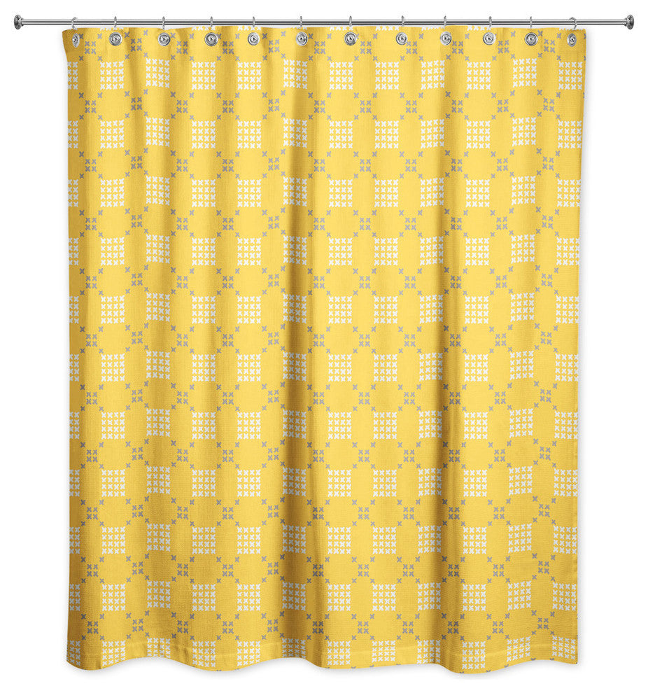 Yellow Cross-Stitch Printed Pattern Shower Curtain