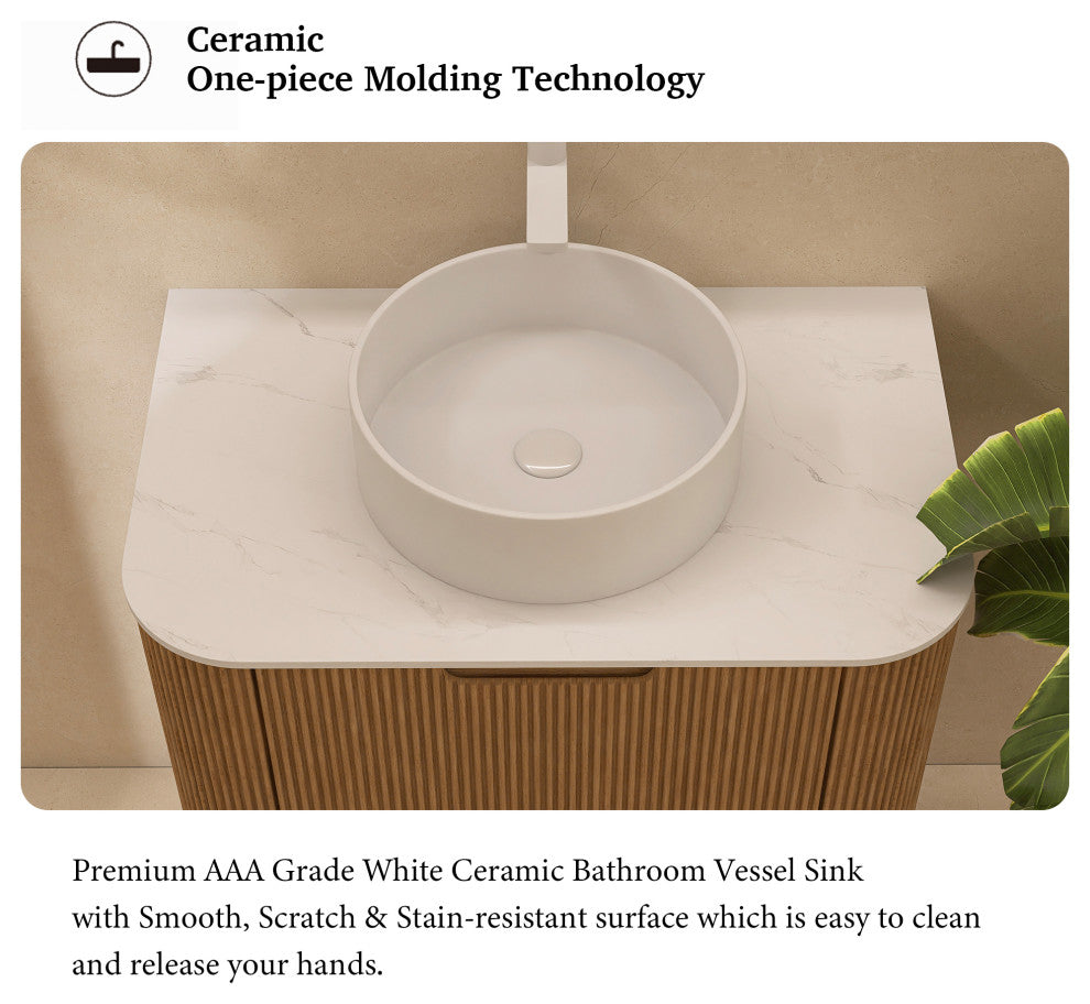 Wall-Mounted Bathroom Vanity With White Round Ceramic Basin, Natural Wood, 30"
