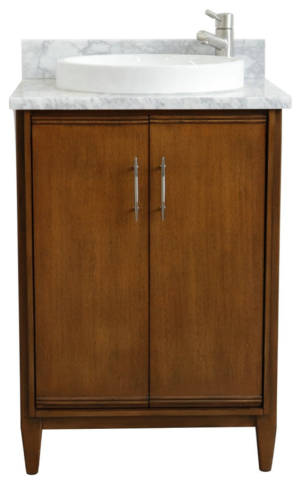 25" Single Sink Vanity, Walnut Finish, White Carrara Marble and Round Sink