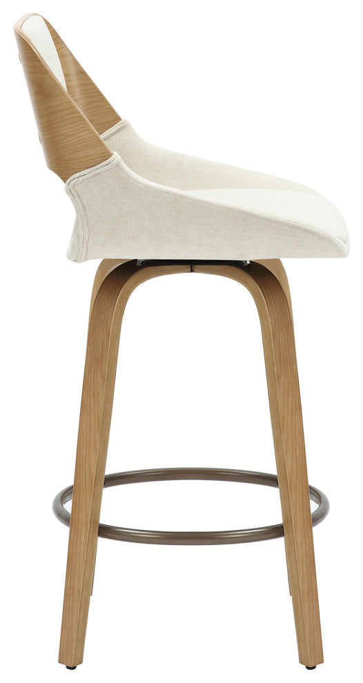 Mid-Century Modern Fabric and Wood 26" Counter Stool With Swivel, Beige/Natural