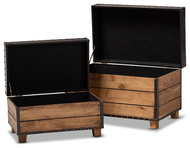 Marelli Rustic Dark Brown Faux Leather 2-Piece Storage Trunk Ottoman Set of 2