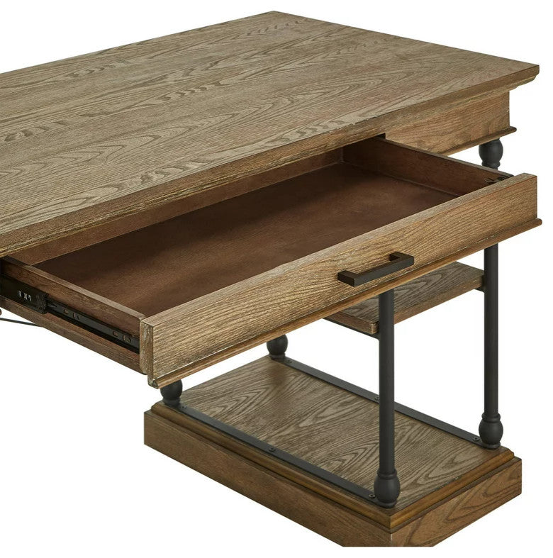 Industrial Desk, Metal Legs With Wooden Top & Open Comparments, Brown