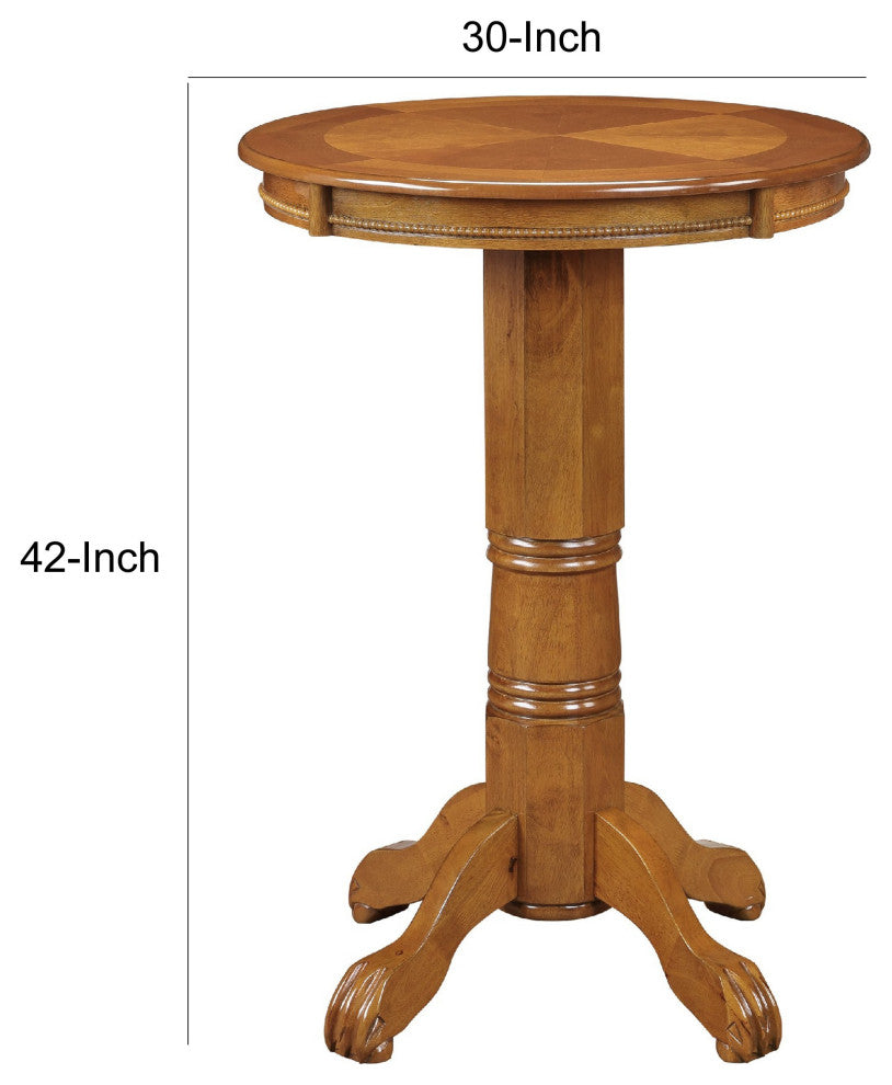 Benzara BM274269 42" Wood Pub Bar Table, Sunburst Design, Carved Pedestal, Oak