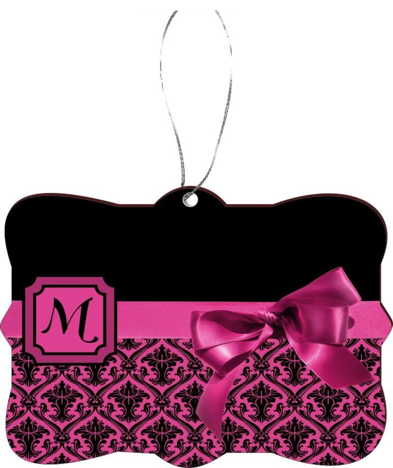Letter M Pink Damask Bow Design Rectangle Christmas Tree Ornament