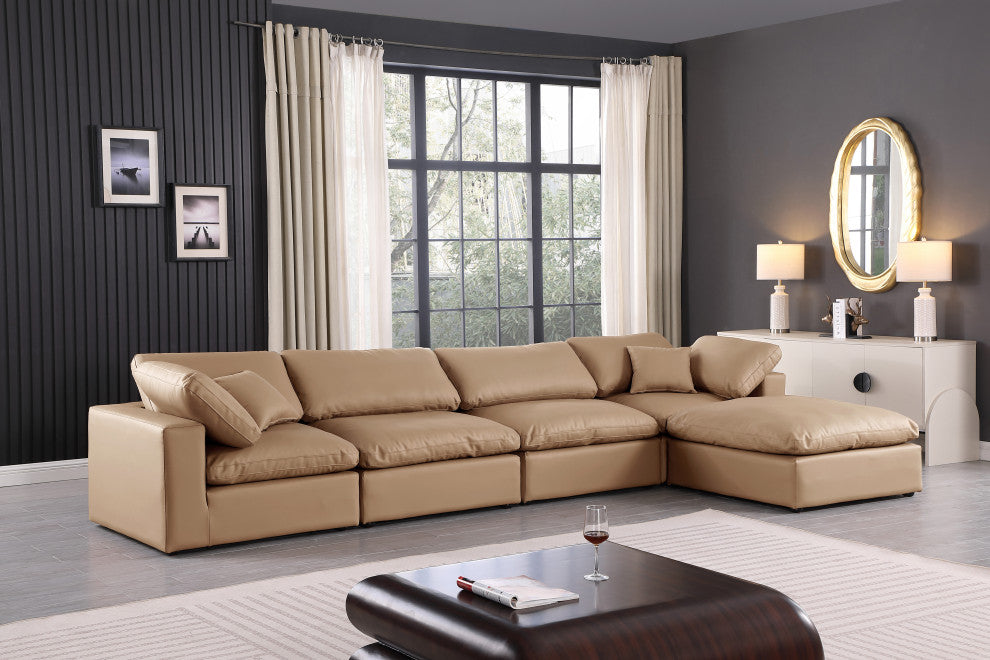 Comfy Upholstered L-Shaped Modular Sectional, Tan, 5-Piece: 2 Armless Chair, 2 Corner Chair, 1 Ottoman, Vegan Leather